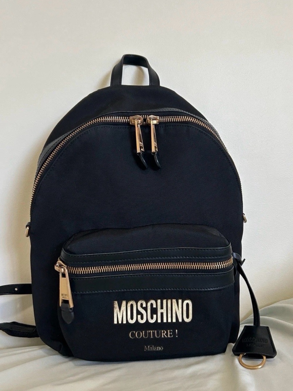 Moschino Black Backpack with Gold-Tone Hardware and Logo